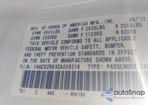 2012 Honda Accord 3.5 Ex-L from USA, damaged, VIN 1HGCS2B83CA009216